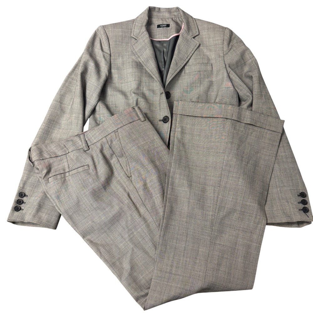 J.Crew Women's 2pc Suit Super 100s Wool Glen Plaid Gray Wide Leg Cuffed 69561
